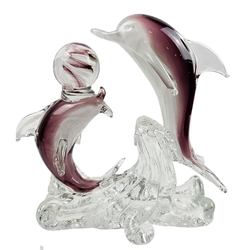 Murano Style Blown Art Glass Dolphin Sculpture Purple White Swirl Waves Figurine